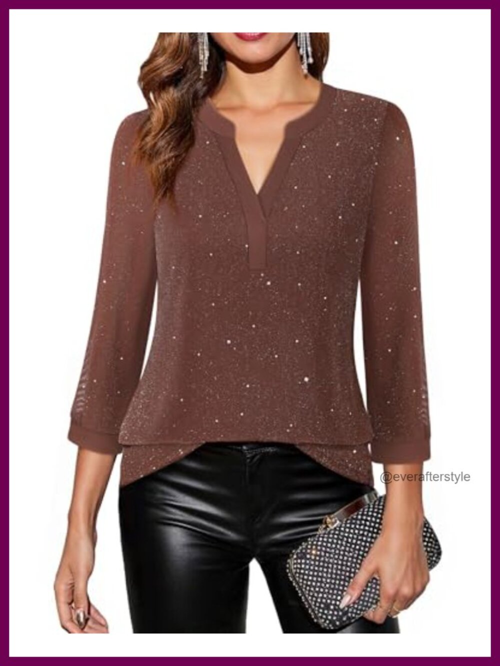 Women's 3/4 Sleeve V Neck Mesh Double Layer Tunic Blouse